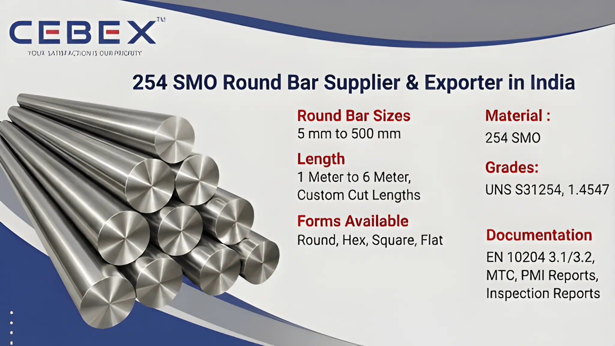 254 SMO Round Bar Supplier & Exporter in India – ASTM A276 UNS S31254 254 SMO Bars | Cebex Steel India