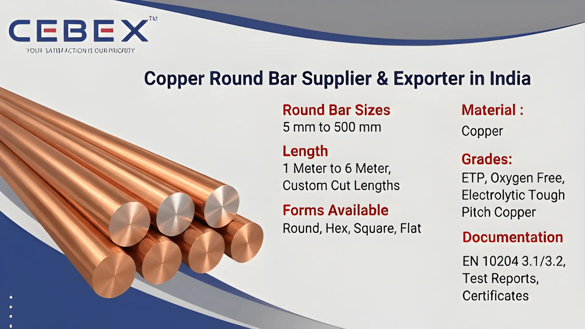 Copper Round Bar Supplier & Exporter in India – ASTM B187 ETP Copper, Oxygen Free Copper | Cebex Steel India