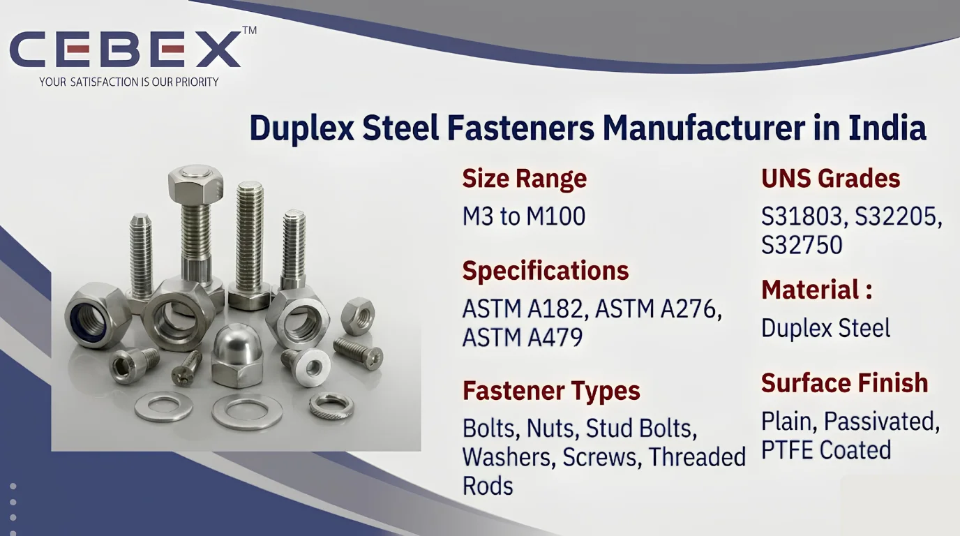 Duplex Steel Fasteners Manufacturer in India – ASTM A182 F51 F60 Duplex Bolts, Nuts & Stud Bolts | Cebex Steel India