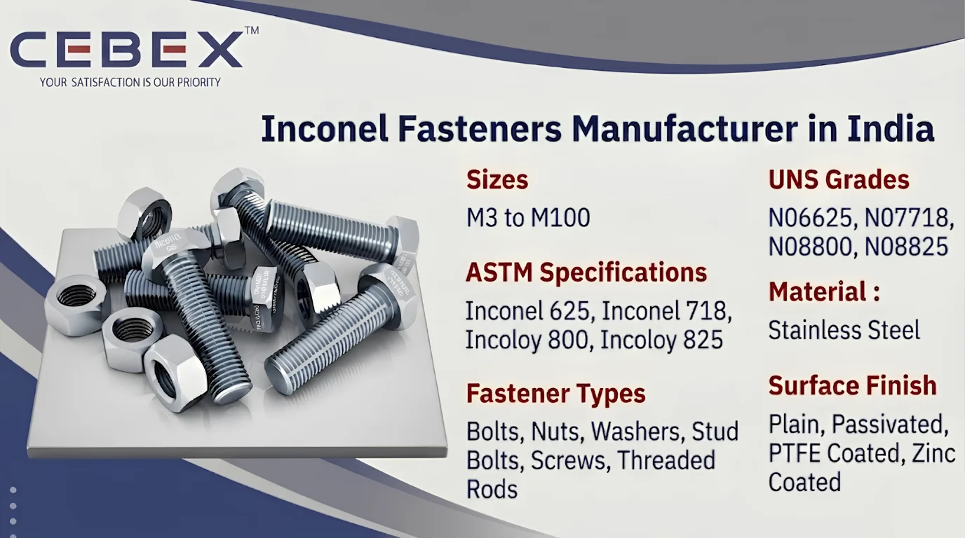Inconel Fasteners Manufacturer in India – Inconel 625, 718 & Incoloy 825 Bolts, Nuts & Stud Bolts | Cebex Steel India