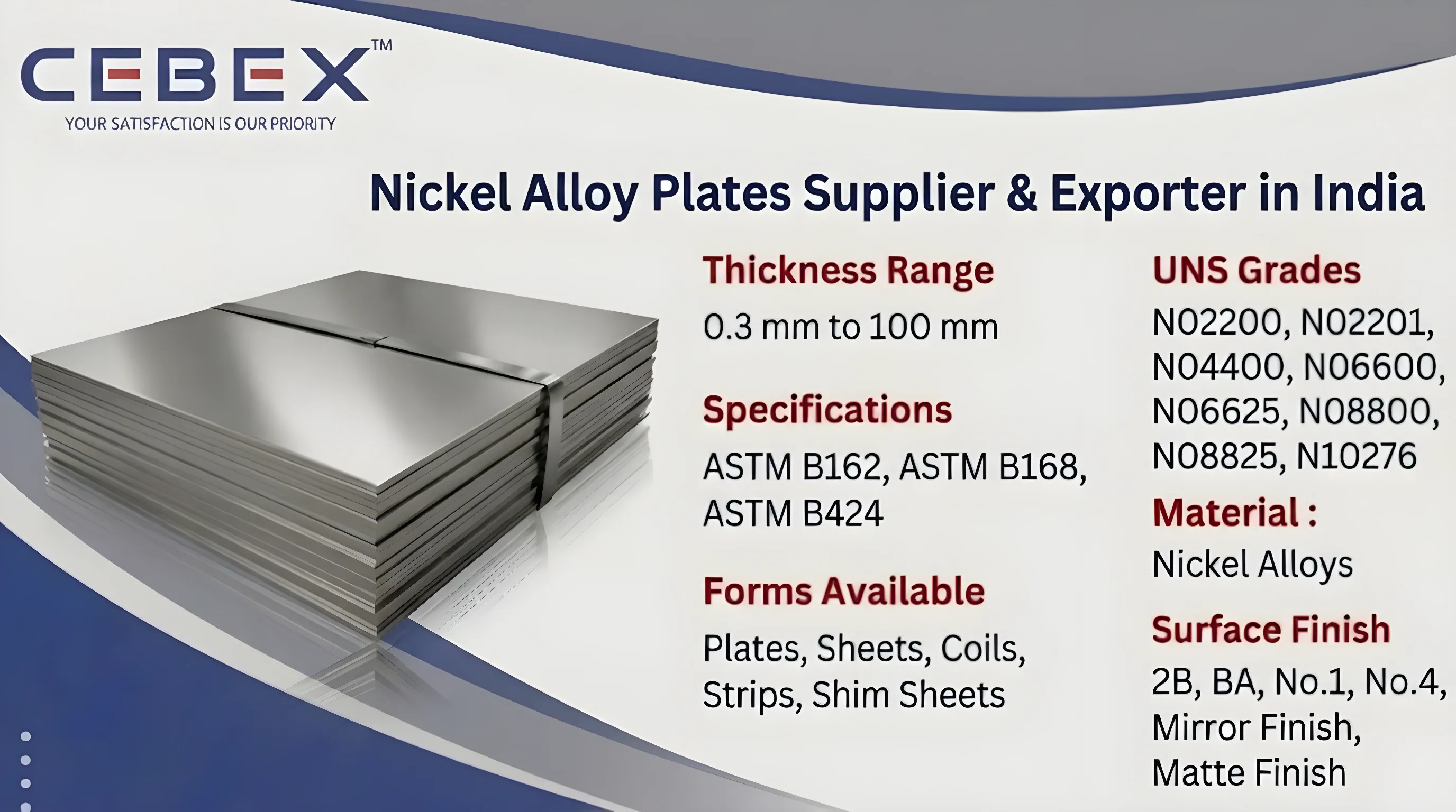 Nickel Alloy Plates Supplier & Exporter in India – ASTM B162, B168, B424 Alloy 200, Inconel 625, Hastelloy C276 | Cebex Steel India