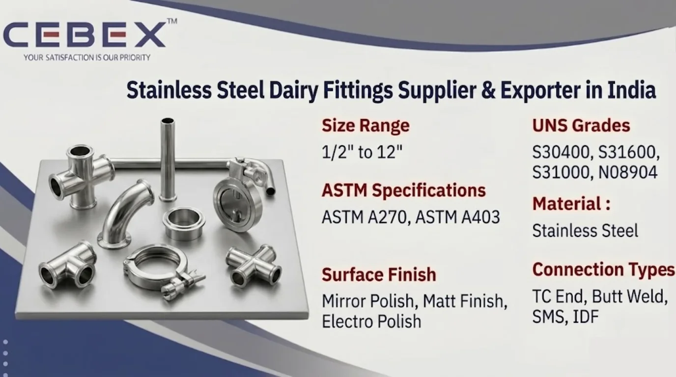 CEBEX STEEL INDIA Stainless Steel Dairy Fittings Supplier & Exporter in India – ASTM A270 SS 304, 316L Dairy Fittings