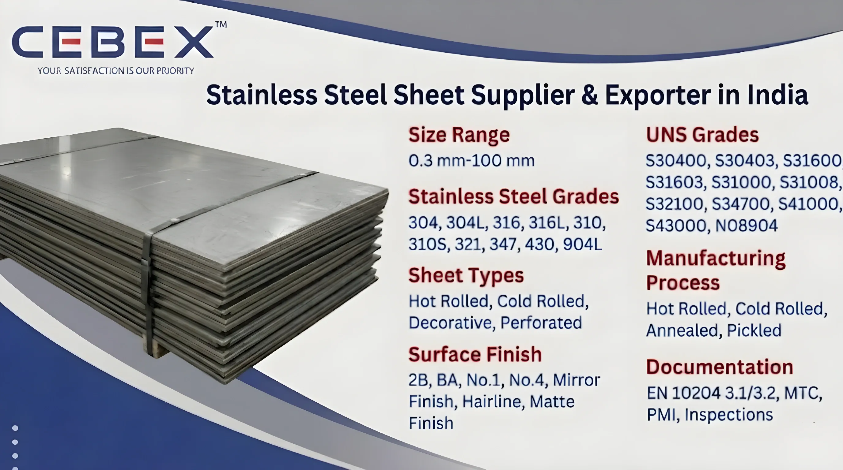 Stainless Steel Sheet Supplier & Exporter in India – ASTM A240 SS 304, 316, 316L Sheets | Cebex Steel India