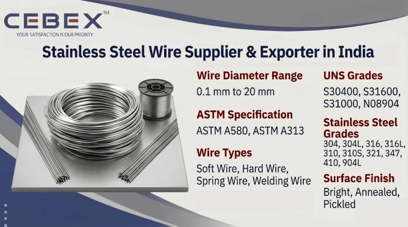 Stainless Steel Wire Supplier & Exporter in India – ASTM A580 SS Wire in 304, 316, 904L | Cebex Steel India
