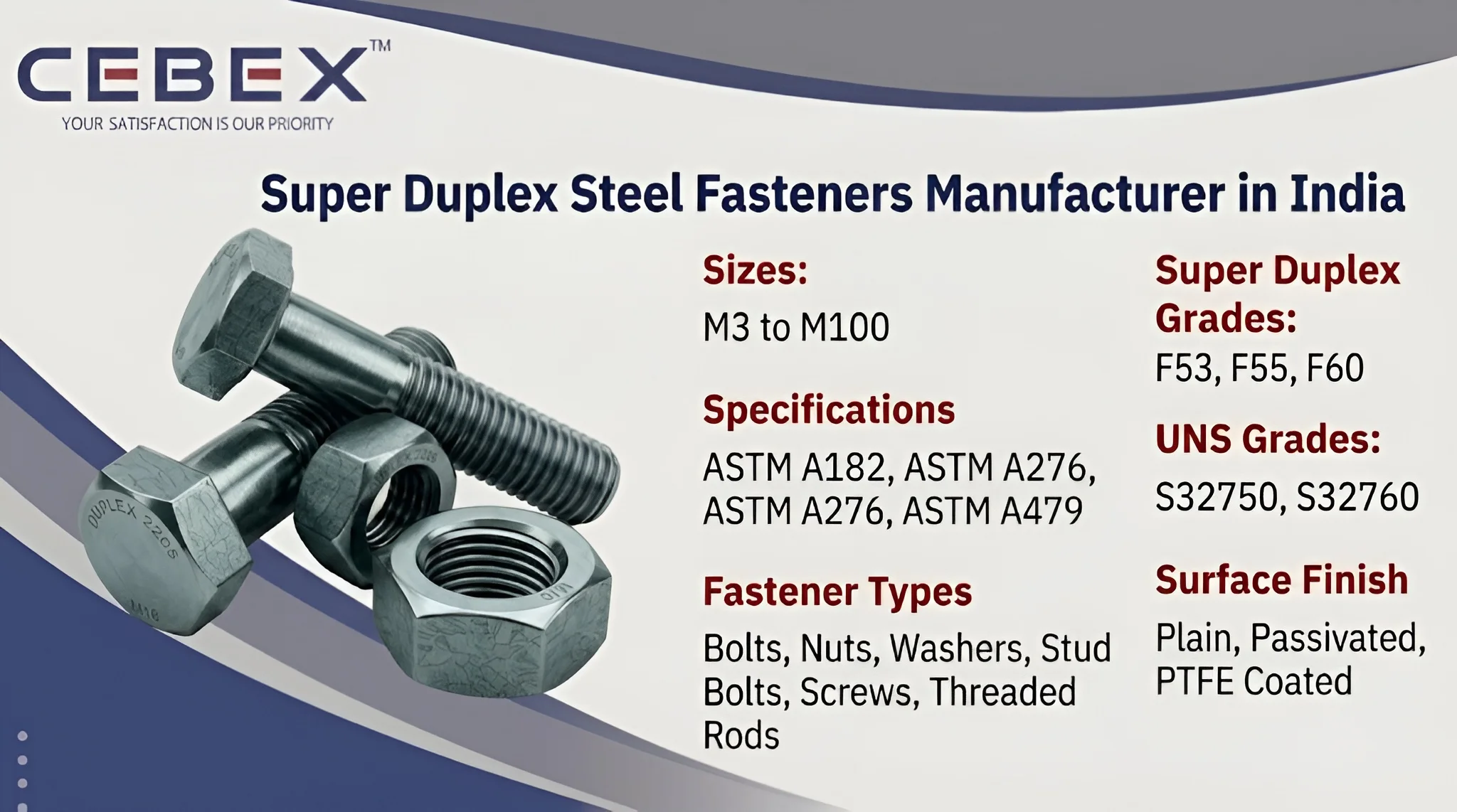 Super Duplex Fasteners Manufacturer in India – ASTM A182 F53, F55, F60 Bolts, Nuts & Stud Bolts | Cebex Steel India