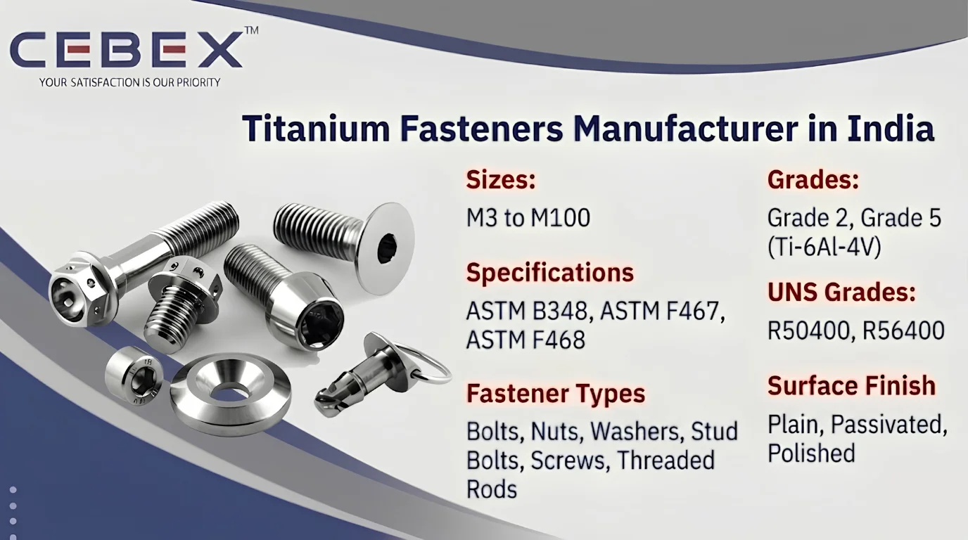 Titanium Fasteners Manufacturer in India – ASTM B348 Titanium Grade 2 & Grade 5 Bolts, Nuts & Stud Bolts | Cebex Steel India
