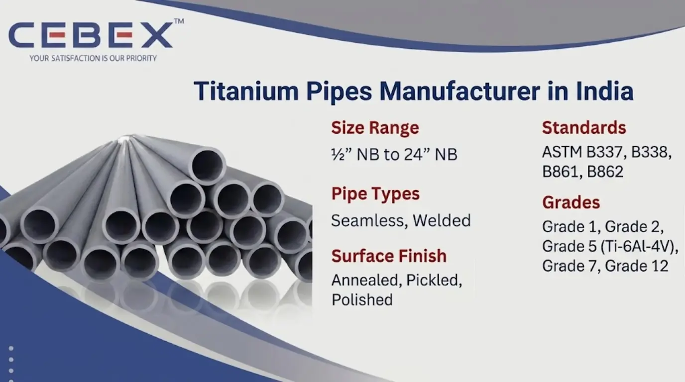 Titanium Pipe Manufacturer in India – ASTM B338 & B861 Certified Grade 2 & 5 Pipes by CEBEX STEEL INDIA